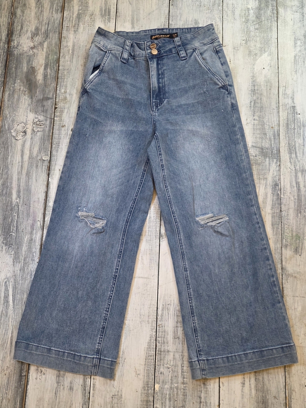 Dollhouse Women's Mid-Blue Cropped Wide Leg Distressed Jeans sz 5/6